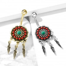 Belly button piercing made of steel – dreamcatcher, dangling feathers