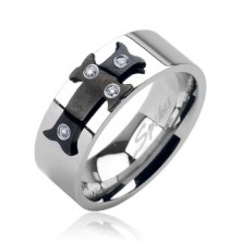 Steel ring with black cross and zircons