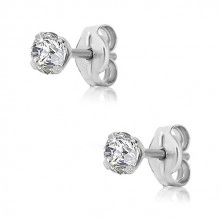 14K White gold earrings – a round clear zircon, studs, 3 mm