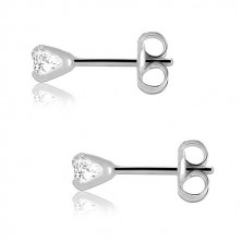 14K White gold earrings – a round clear zircon, studs, 3 mm