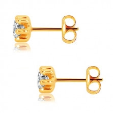 14K Yellow gold earrings – a clear colour zircon in a prong setting, flower motif