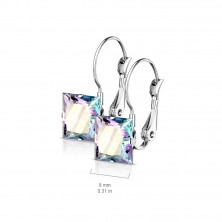 Steel earrings with a rainbow zircon – square shaped, silver colour