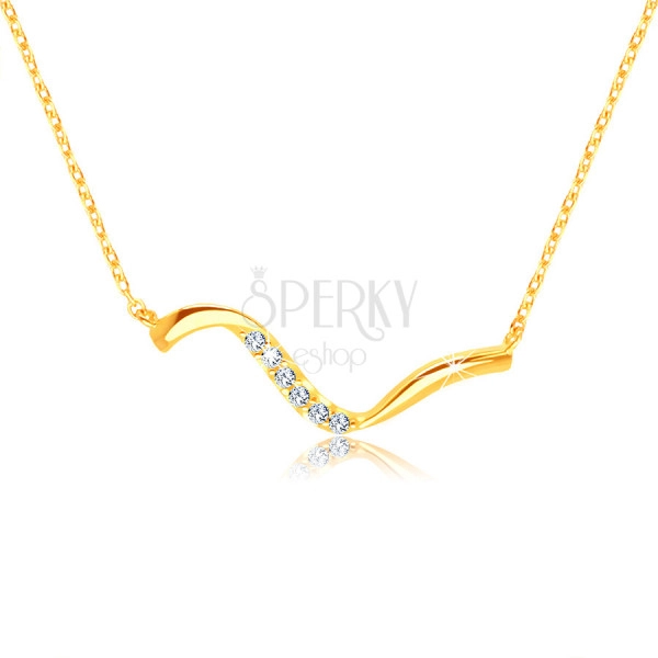 14K Golden necklace – asymmetrical wavy line, clear zircons
