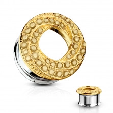 Ear plug made of steel – spirally twisted line of a golden colour, clear zircons