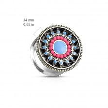 Steel ear plug in a silver colour – flower with pink and blue petals