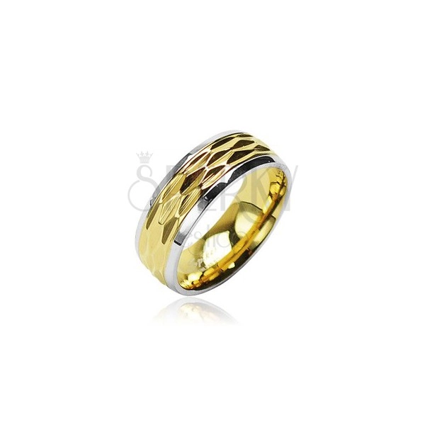 Stainless steel ring - wavy pattern in gold colour