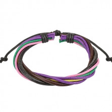 Multi-bracelet – two leather straps, yellow, purple, green and pink braided string