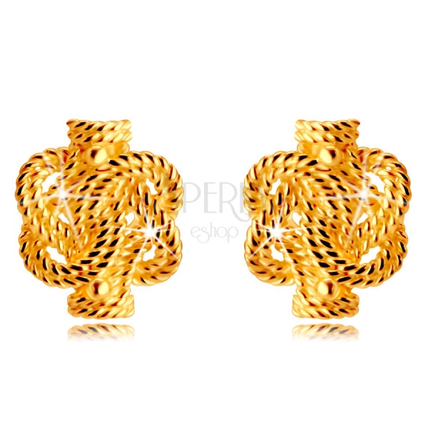 14K Golden earrings – intertwined stripes with a rope pattern, studs
