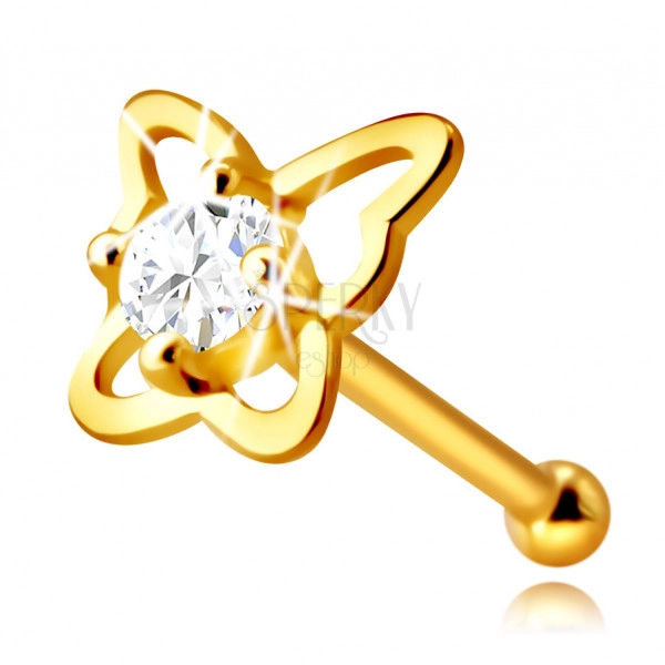 Golden nose piercing in 14K gold – butterfly contour with a round clear zircon, 2,25 mm