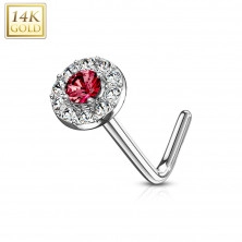 Curved nose piercing in 14K white gold – red zircon outlined with clear zircons