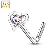 Curved nose piercing made of 14K white gold – heart-shaped contour with a pink zircon