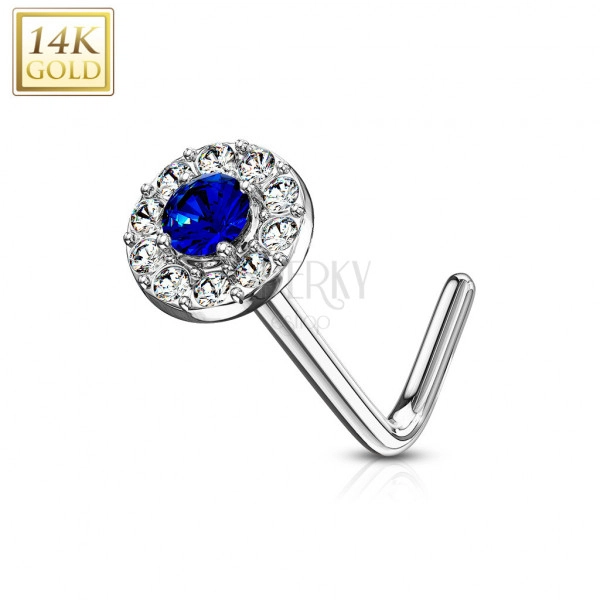 Curved nose piercing in 14K white gold – dark-blue zircon lined with zircons