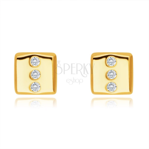 14K Golden earrings – rectangle with three round clear zircons, studs