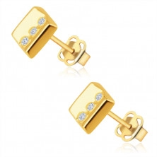 14K Golden earrings – rectangle with three round clear zircons, studs