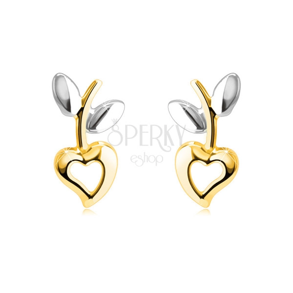 Earrings made of combined 14K gold – heart with a cut-out, stem with leaves, studs