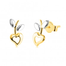 Earrings made of combined 14K gold – heart with a cut-out, stem with leaves, studs