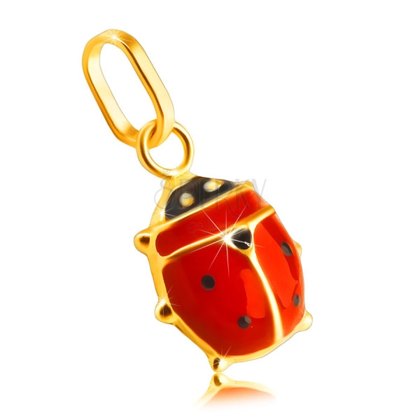 Pendant made of 14K yellow gold – red-black glazed ladybird, glossy surface