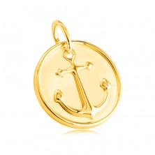 Pendant made of 585 yellow gold -round plate, naval anchor motif