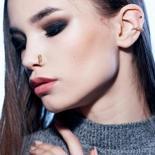 Steel ear piercing, nose piercing - thin ring, three round zircons, 0.8 mm