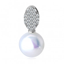 Pendant made of 14K gold – oval paved with clear zircons, round fresh-water pearl