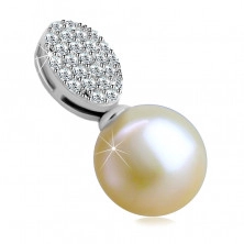 Pendant made of 14K gold – oval paved with clear zircons, round fresh-water pearl