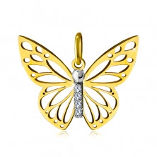 Pendant made of combined 14K gold – butterfly wings with cut-outs, short zircon line