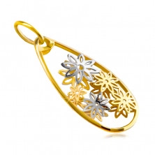 Pendant made of combined 14K gold – large teardrop line, carved flowers