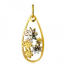 Pendant made of combined 14K gold – large teardrop line, carved flowers