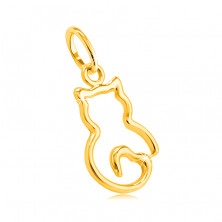 14K yellow gold pendant – thin outline of a kitten with a heart-shaped tail 