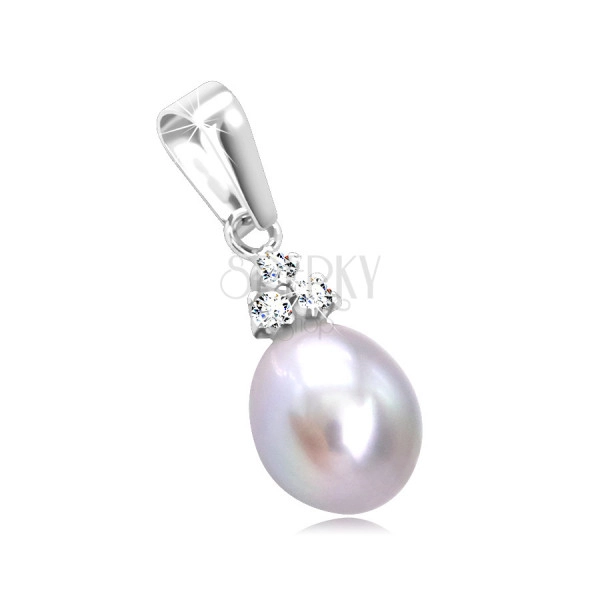 14K White gold pendant – oval grey pearl, clear zircons in a mount