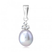 14K White gold pendant – oval grey pearl, clear zircons in a mount