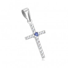14K White gold pendant – cross paved with clear zircons, round natural sapphire