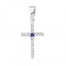 14K White gold pendant – cross paved with clear zircons, round natural sapphire