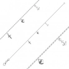 925 Silver bracelet – oval links, pendants – HEART, ANCHOR, CROSS