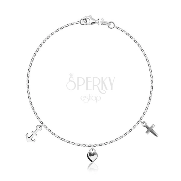 925 Silver bracelet – oval links, pendants – HEART, ANCHOR, CROSS