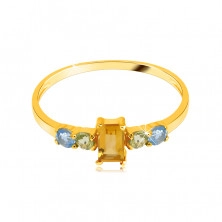 Ring in 14K yellow gold – angular citrine, round olivine and Swiss topaz