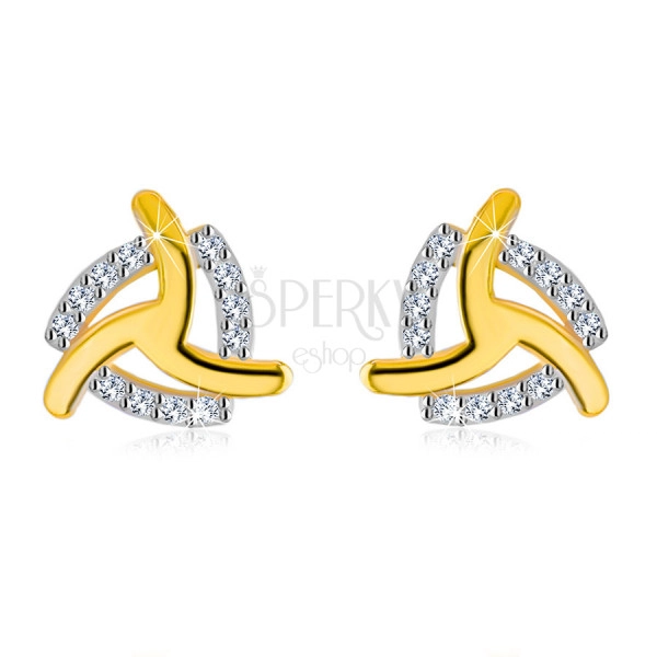 14K Yellow gold earrings – three curved arms, zircon triangle contour