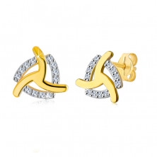 14K Yellow gold earrings – three curved arms, zircon triangle contour