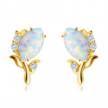 14K Yellow gold diamond earrings – flower with a white synthetic opal, brilliants