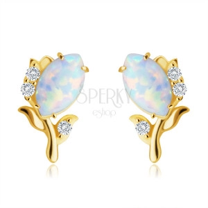 14K Yellow gold diamond earrings – flower with a white synthetic opal, brilliants