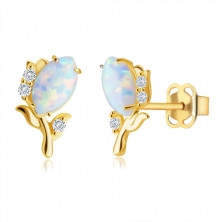 14K Yellow gold diamond earrings – flower with a white synthetic opal, brilliants