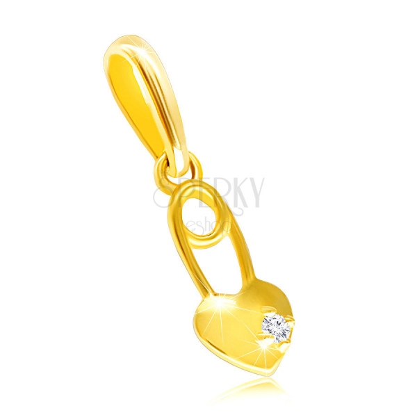 9K Yellow gold diamond pendant – heart with a clear brilliant, small safety pin