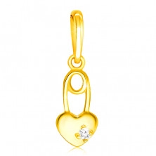 9K Yellow gold diamond pendant – heart with a clear brilliant, small safety pin