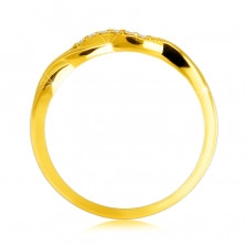 Shiny ring in 14K yellow gold – intertwined ripples, line of brilliants