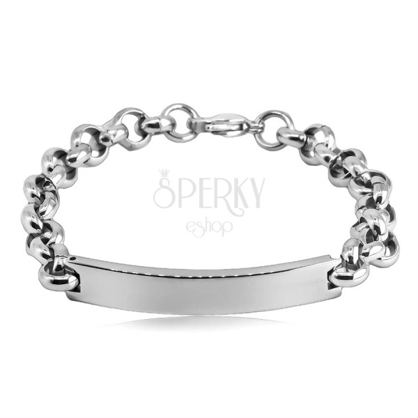 Steel bracelet - smooth rounded plate, cable chain, lobster claw clasp