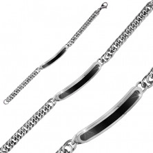 Steel bracelet - glossy rounded band with black center, chain of twisted rings, lobster claw closure