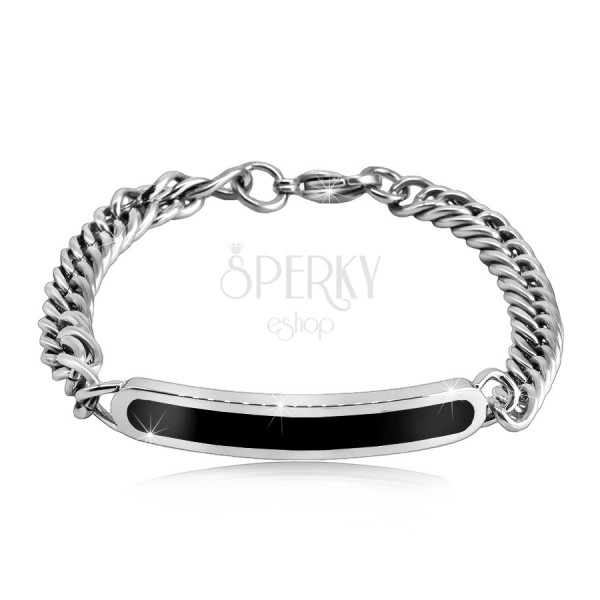 Steel bracelet - glossy rounded band with black center, chain of twisted rings, lobster claw closure