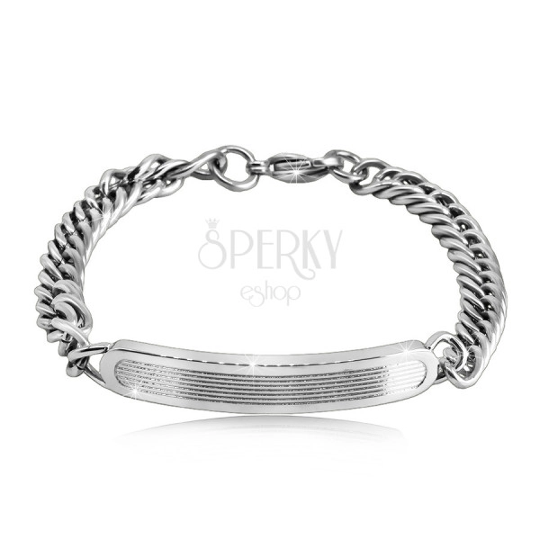 Steel bracelet - glossy rounded band with engraved lines, chain of twisted rings, lobster claw closure