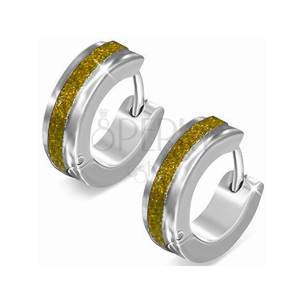Steel earrings in silver colour, shimmering gold stripe