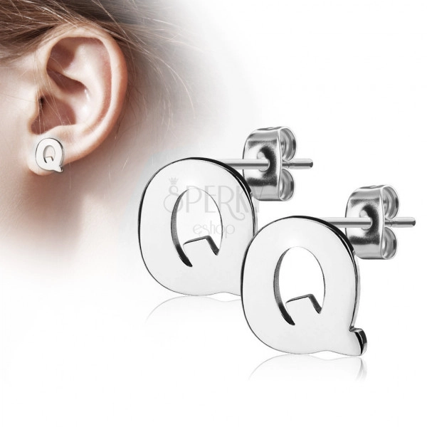 Steel earrings in silver colour - capital letter Q, high gloss